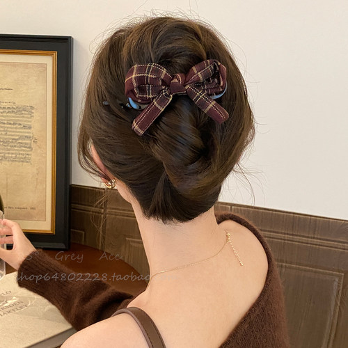 格纹蝴蝶结一字抓夹女