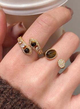 美拉德蛇形虎眼石开口戒指女