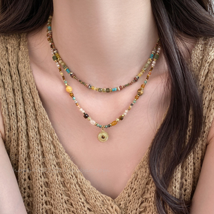 原创波西米亚复古叠戴项链锁骨链太阳吊坠2026新款串珠配饰名族风