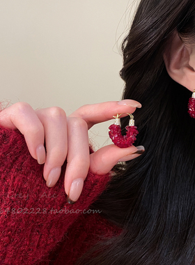 复古红色水晶耳环高级感独特喜庆新年耳饰女2026新款爆款耳钉耳挂