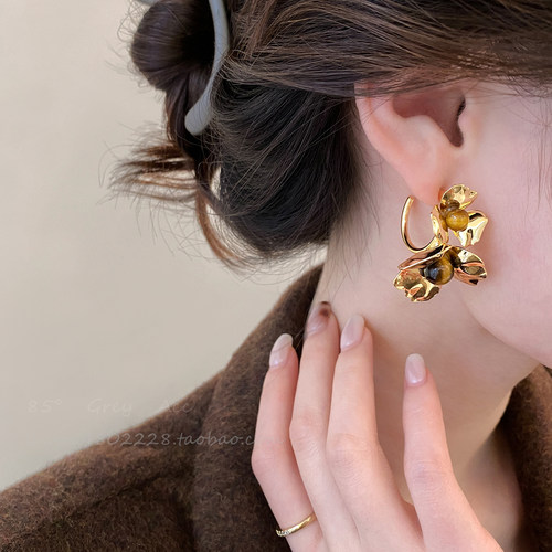虎眼石花朵耳钉秋冬夸张耳环