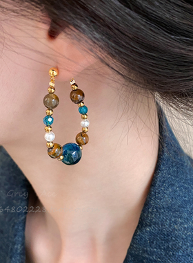 新中式复古虎眼石绿松耳坠耳环女琉璃珍珠设计街拍风潮流百搭耳钉