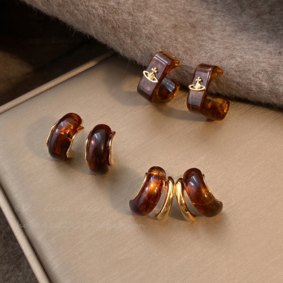 复古琥珀色C形耳环女2026新款轻奢高级感气质耳钉时尚百搭耳饰品