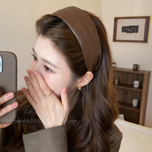 韩国气质复古皮质宽边发箍女新款高级感秋冬百搭高颅顶头箍发饰新