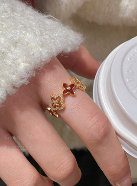 红色滴釉四叶草闪钻戒指女镂空开口可调节食指戒轻奢小众时尚指环