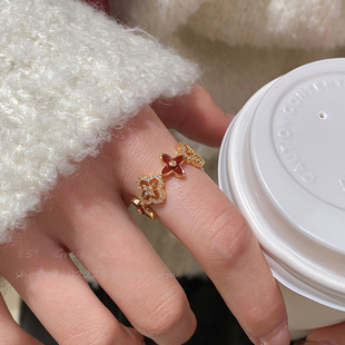 红色滴釉四叶草闪钻戒指女镂空开口可调节食指戒轻奢小众时尚指环