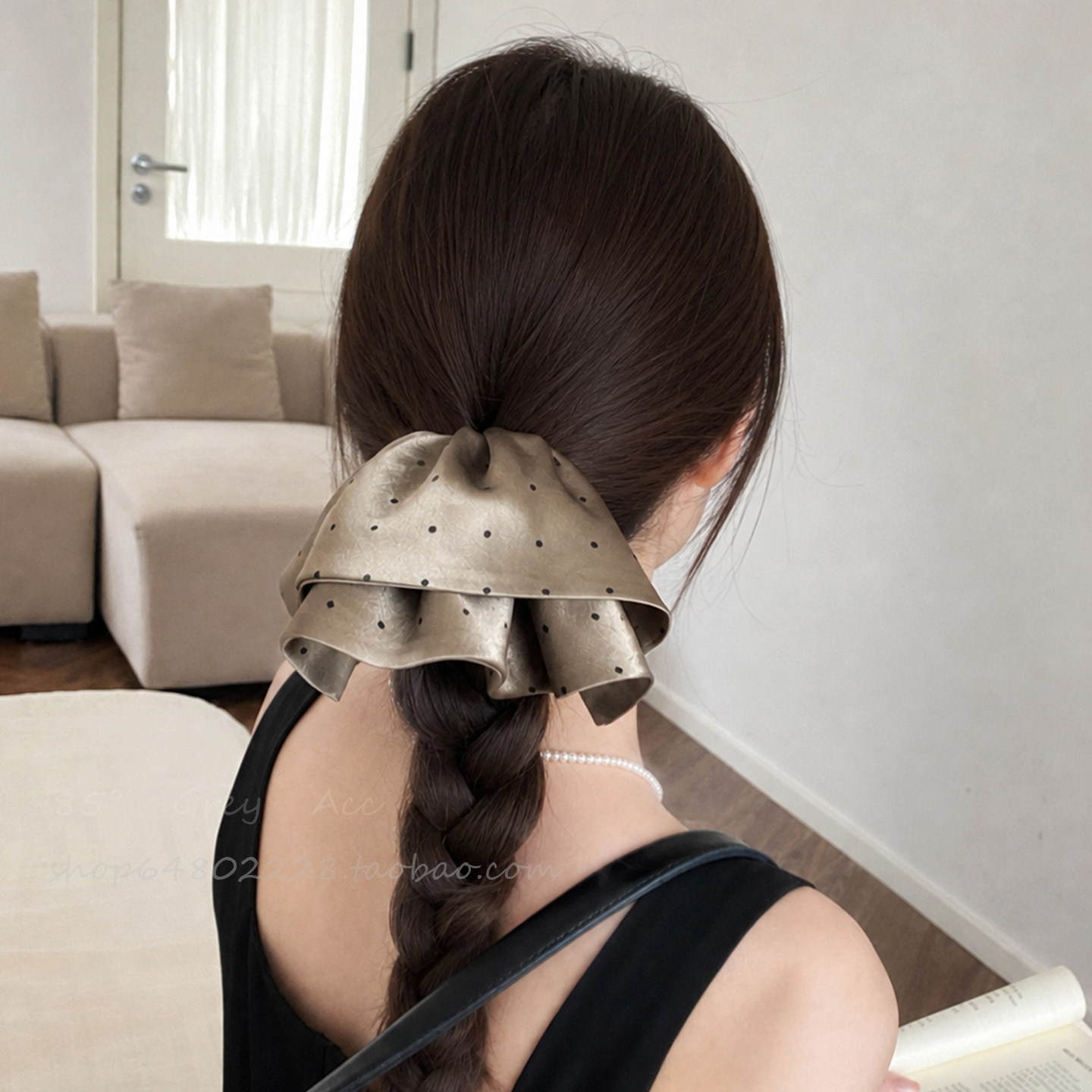 韩系波点缎面裙摆马尾抓夹女图片