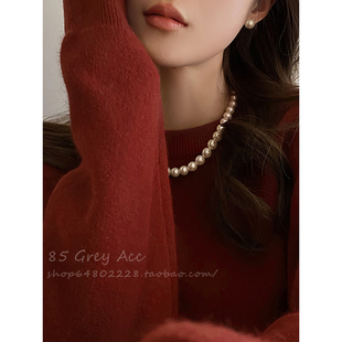 法式 施家澳白正圆珍珠磁吸扣项链女轻奢高级感锁骨链气质毛衣链潮