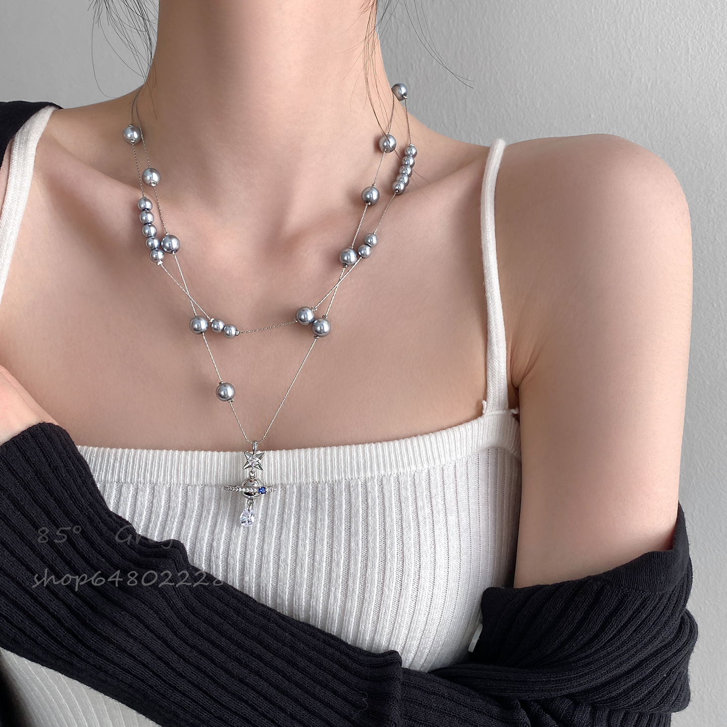 高级感多层灰色珍珠项链长款
