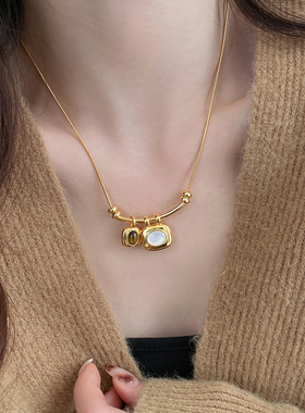 复古金色虎眼石方块项链女