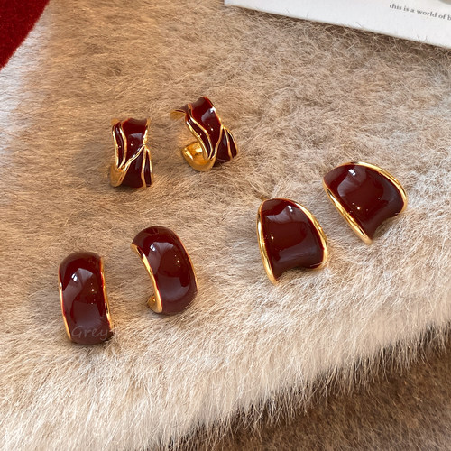 红色C形新年滴釉耳环女高级