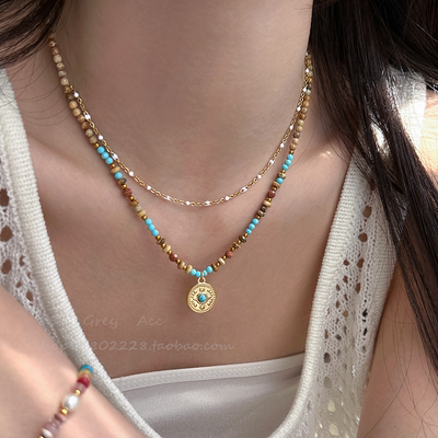 彩色米珠串珠白釉双层叠戴项链