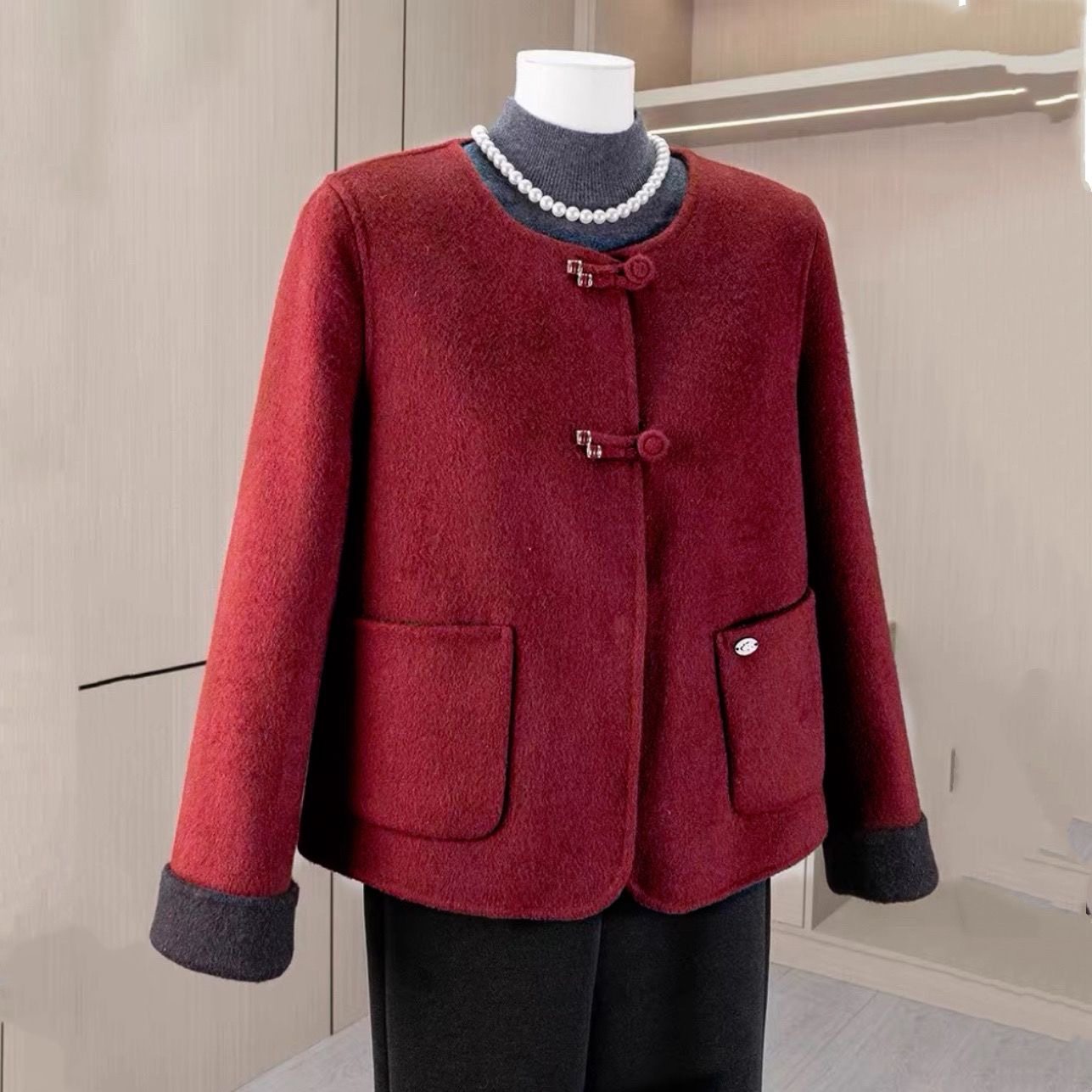 高端妈妈装短款羊毛大衣女2026新款中老年洋气红色双面羊毛呢外套,女装/女士精品,毛呢外套,淘宝优惠券,粉丝福利购,淘宝优惠卷