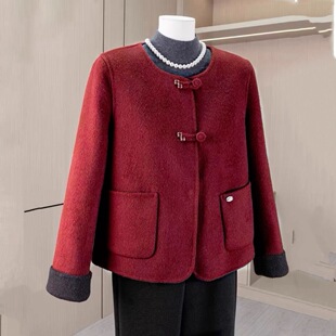 高端妈妈装短款羊毛大衣女2026新款中老年洋气红色双面羊毛呢外套