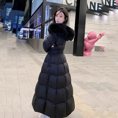 2025冬大毛领新款韩版修身加厚保暖棉衣女中长款过膝连帽棉服外套