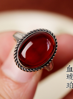 天然血琥珀复古牛血红银戒指养气