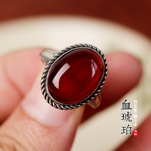 滋气养精助眠天然血珀琥珀戒指牛血S925银镶嵌指环蜜蜡暗红复古