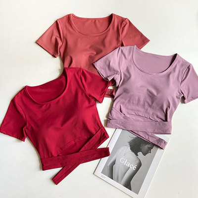 带胸垫瑜伽短袖露脐健身衣