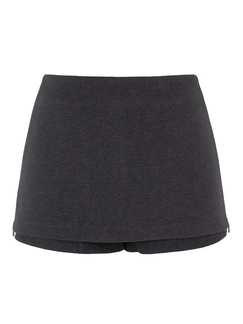 Black high-waisted shorts laid flat on white background