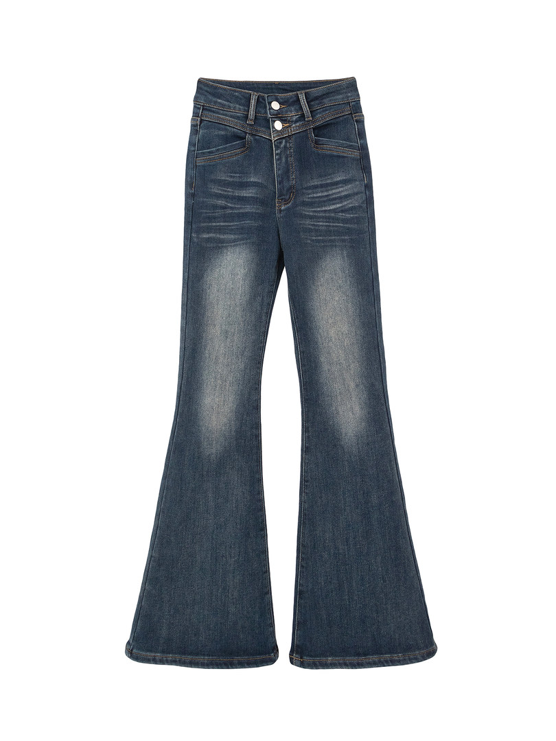 Dark wash flared denim jeans displayed flat on white background