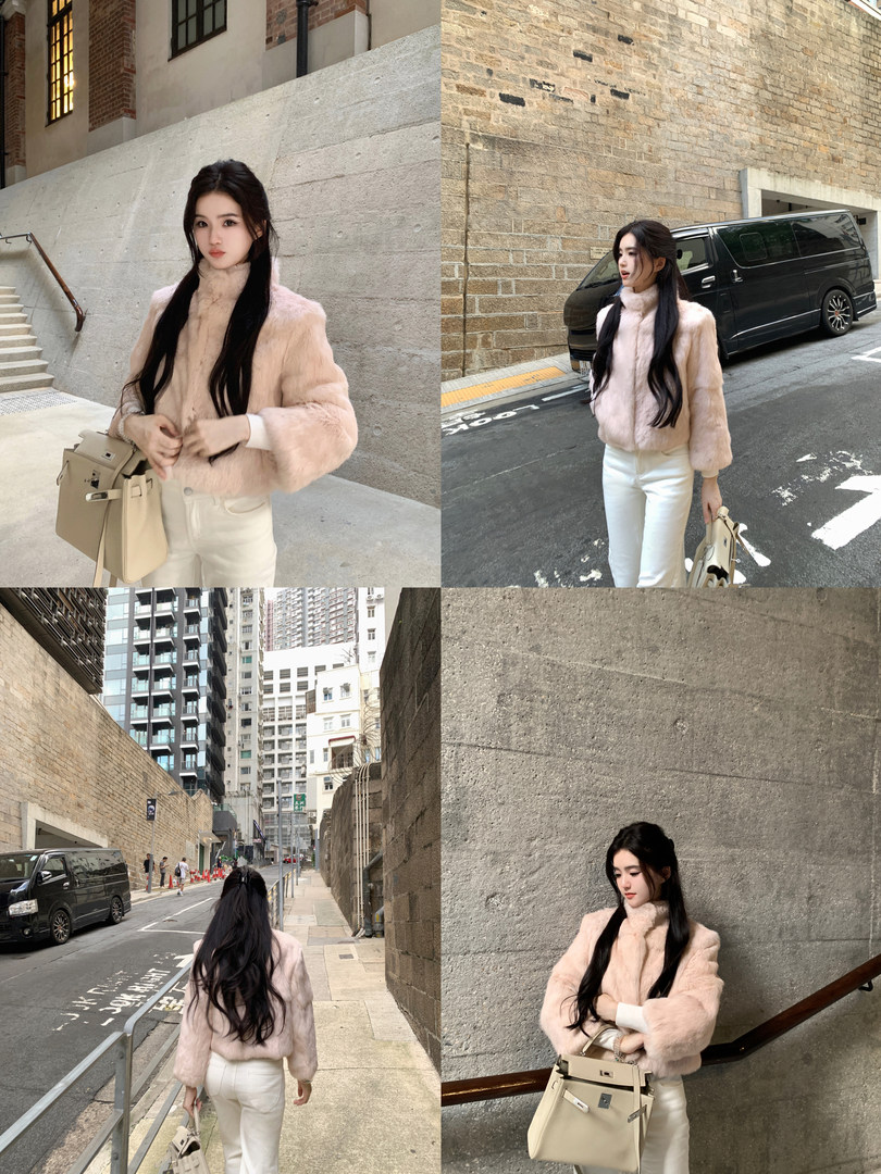 Model wearing a light pink faux fur coat in various urban outdoor settings