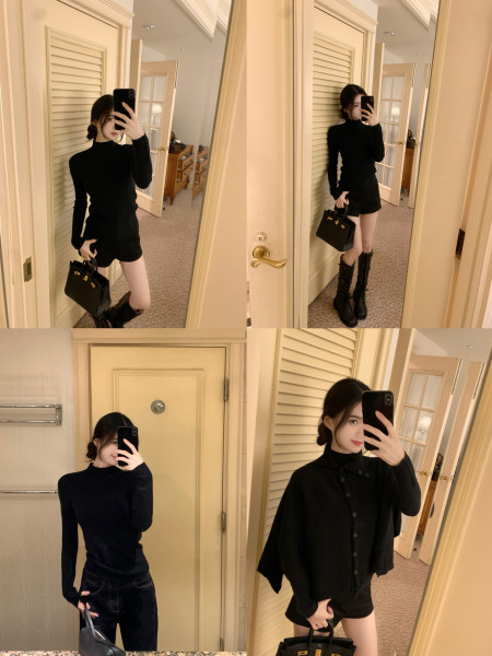 Model taking mirror selfies wearing black turtleneck top with various bottoms and accessories