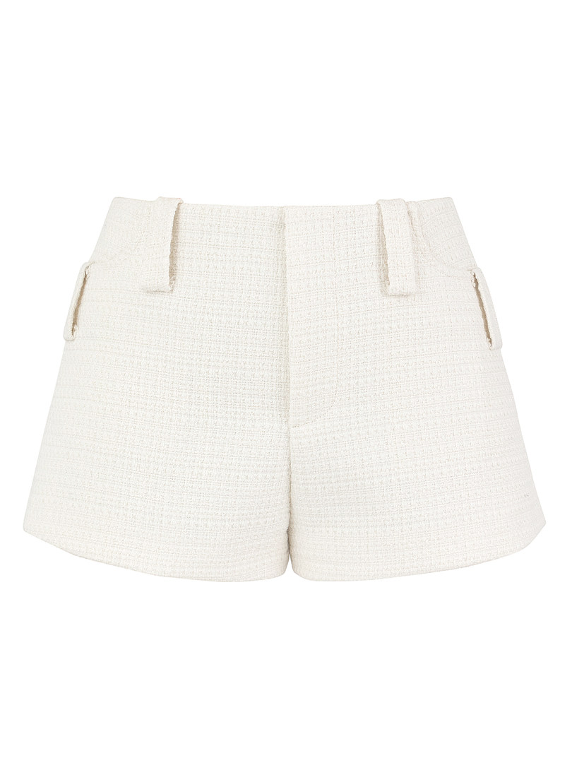 White textured shorts displayed flat on a white background