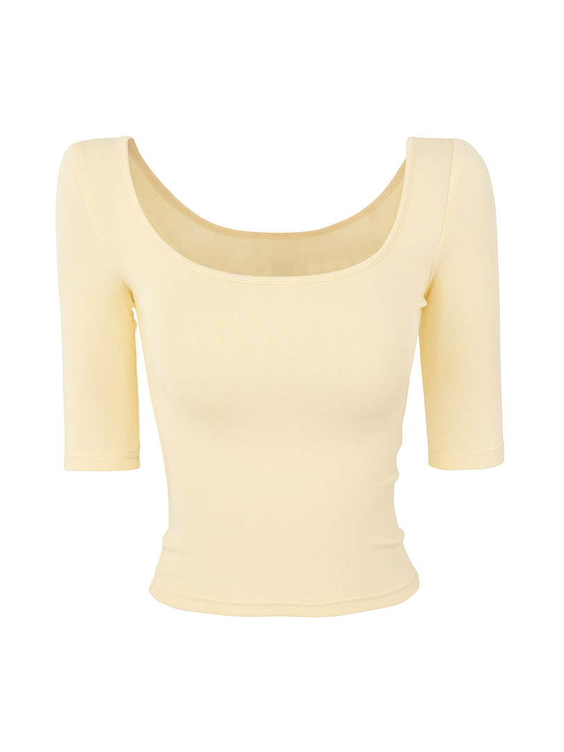 Pale yellow ribbed crop top with square neckline and 3/4 sleeves
