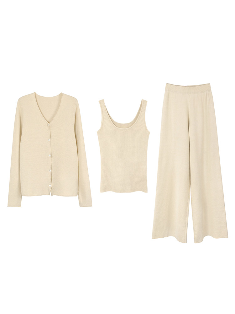 Beige loungewear set with cardigan, tank top, and wide-leg pants displayed flat