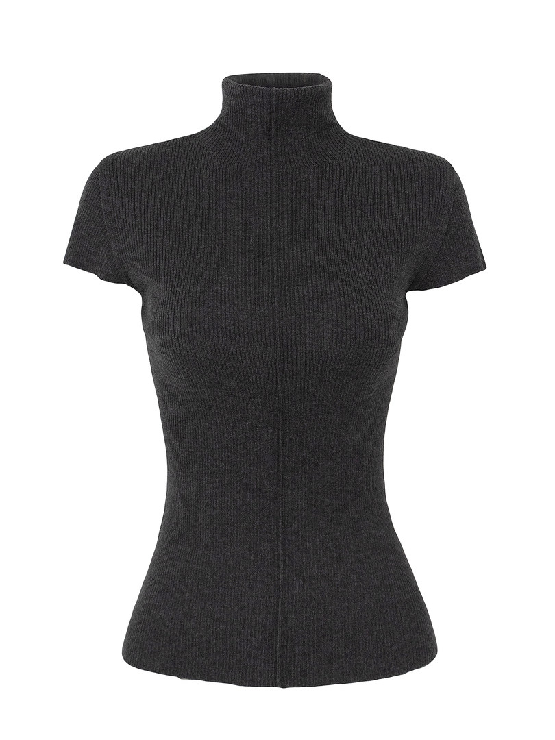 Black ribbed turtleneck short-sleeve top on mannequin