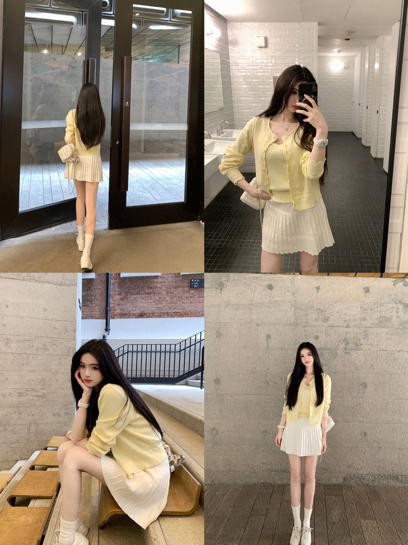 Model wearing a yellow cardigan and white pleated skirt in various poses
