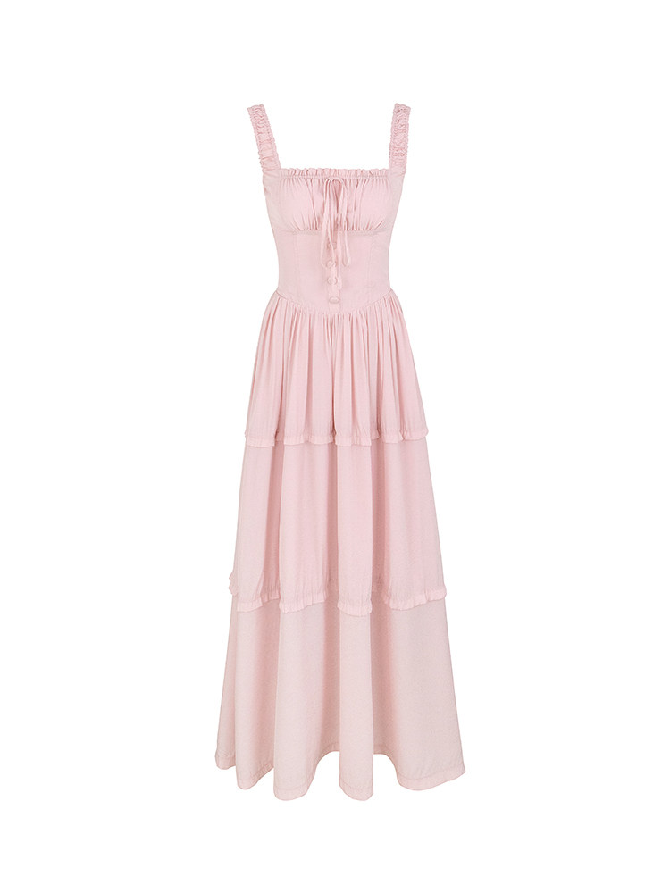 Pink tiered maxi dress with ruched straps and button details