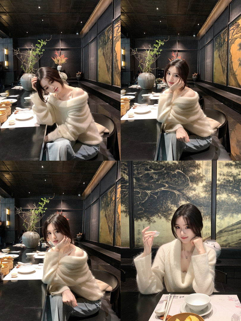 Woman wearing an off-shoulder cream knit sweater in a restaurant setting, shown in four different poses