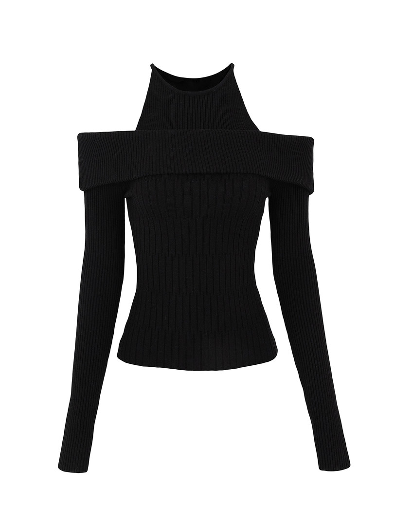 Black ribbed knit off-shoulder long sleeve top