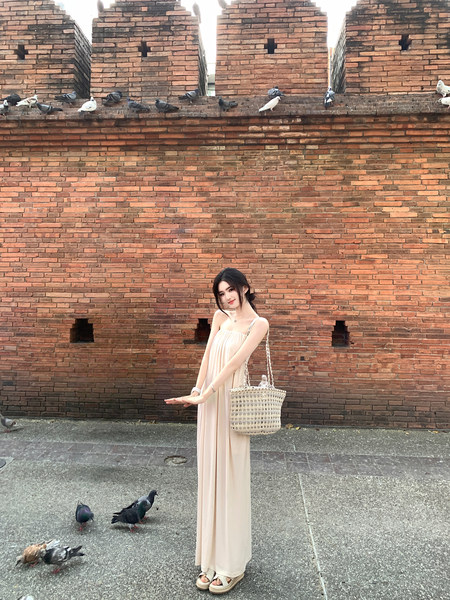 Woman wearing a beige dress with a woven bag, standing in front of a brick wall with pigeons.