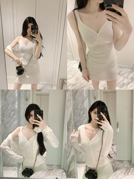 Woman modeling a white knit dress and matching cardigan in mirror selfies