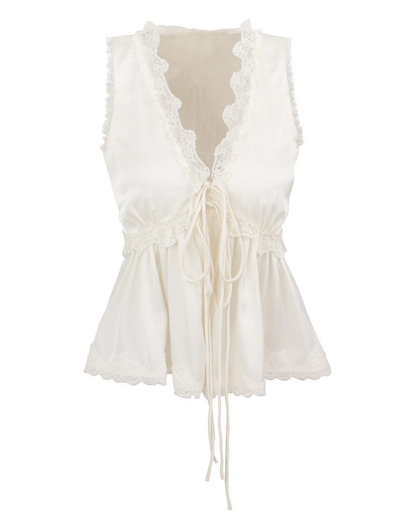 White lace-trimmed sleeveless top with drawstring detail