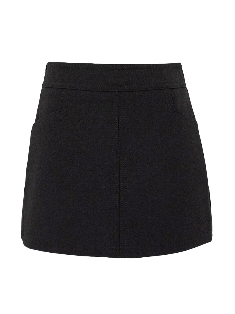 Black mini skirt displayed flat on white background