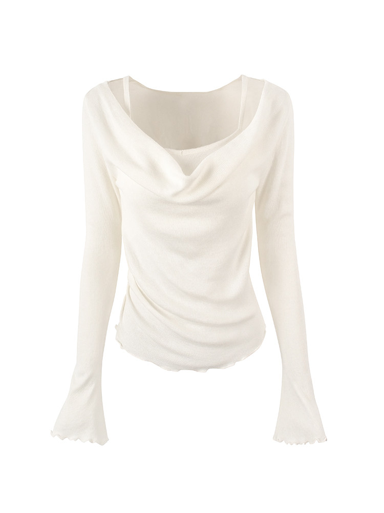 White long-sleeve top with cowl neckline and ruffled hem