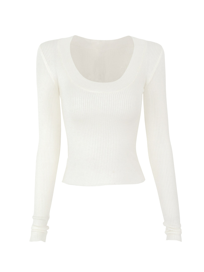 White ribbed long-sleeve crop top with scoop neckline on white background