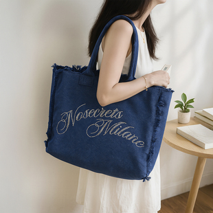 2025夏季韩系ins风牛仔大容量帆布包通勤百搭单肩托特女手提大包
