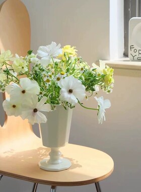 出口高脚杯插花花瓶乳白色陶瓷