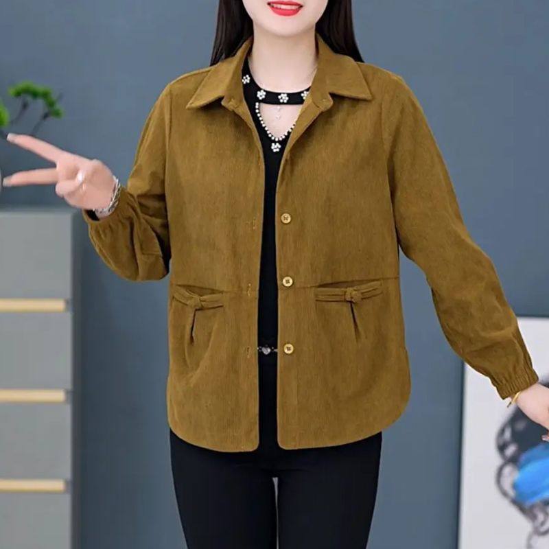 韩版通勤灯芯绒外套女春秋时尚长袖宽松大码百搭气质中老年妈妈装