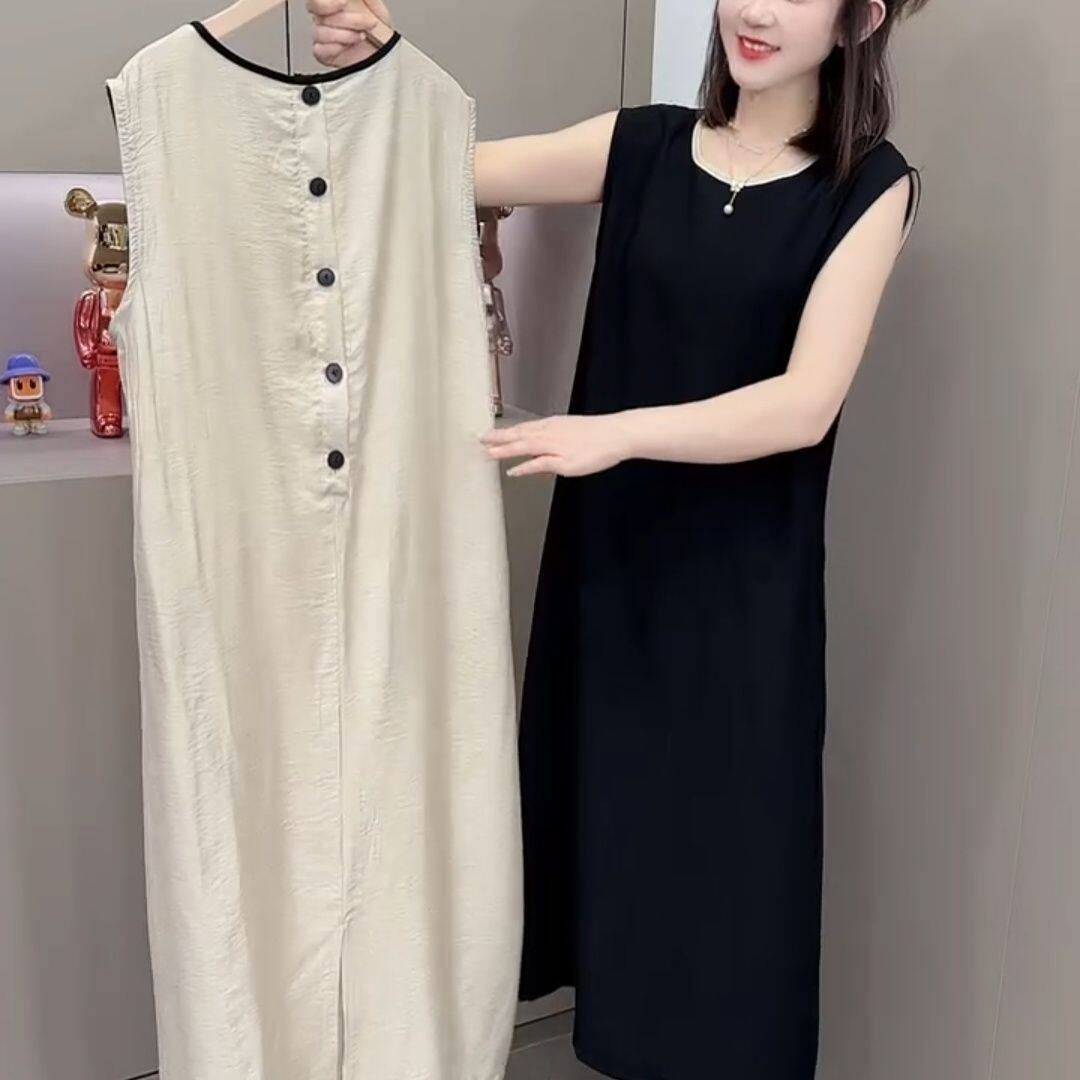 无袖连衣裙女夏季高级感设计小众大码外穿休闲法式慵懒背心长裙子