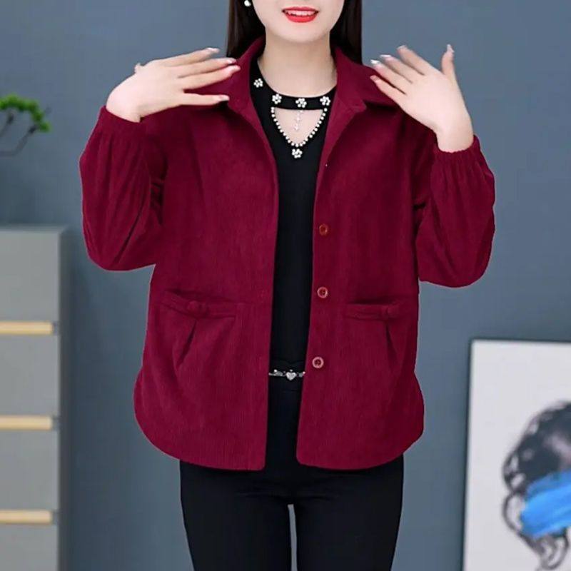 酒红灯芯绒妈妈装大码外套春秋装