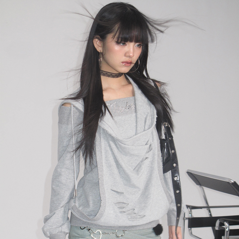 NextPassport 灰色假两件烫钻卫衣一字肩连帽卫衣废土风长袖T恤