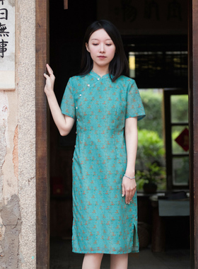 不.退换6-24CXC-287【碧蓝花簇】前世今生复古新中式印花修身旗袍