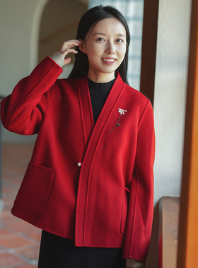 7-22QDA-166【樱落胭脂】前世今生温婉文艺交叠V领短毛呢外套