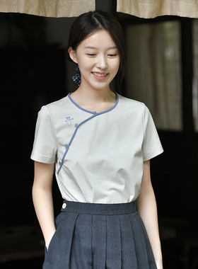 25CXA-381【花间逸事】前世今生复古轻中式斜襟圆领绣花短袖T恤