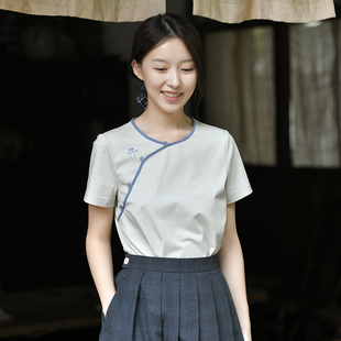 前世今生复古轻中式 25CXA 381 花间逸事 T恤 斜襟圆领绣花短袖